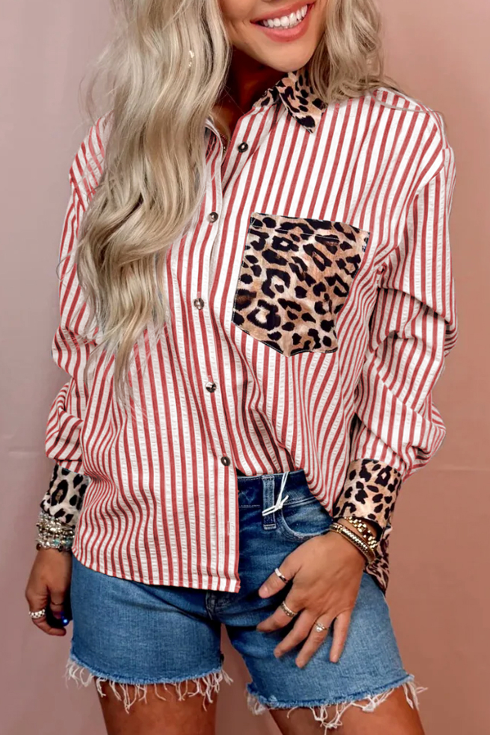 Racing Red Striped Leopard Print Patchwork Button Up Womens Shirt - loveforevers