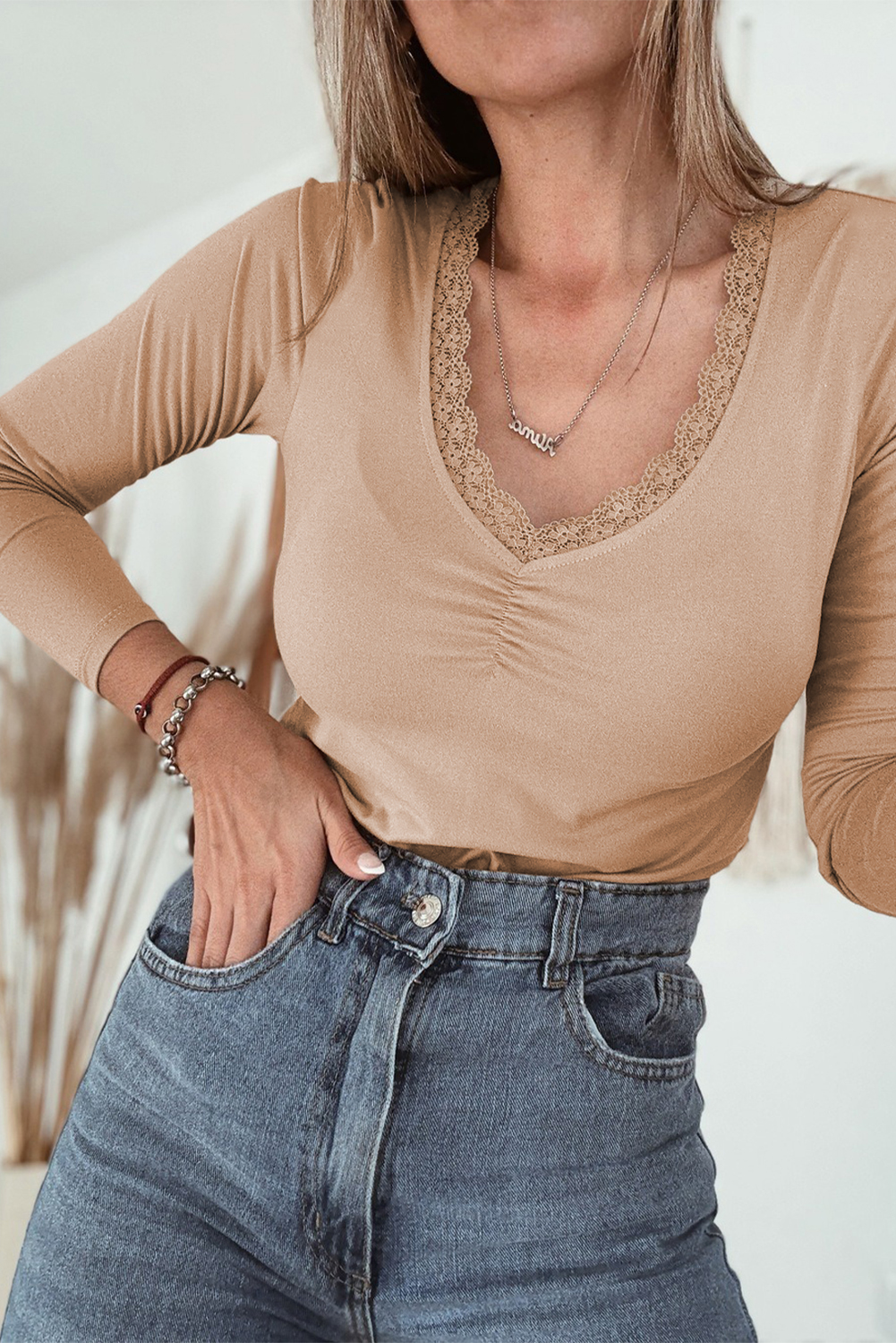 Red Dahlia Lace-trimmed Sweetheart Neckline Ruched Detail Long Sleeve T-shirt - loveforevers