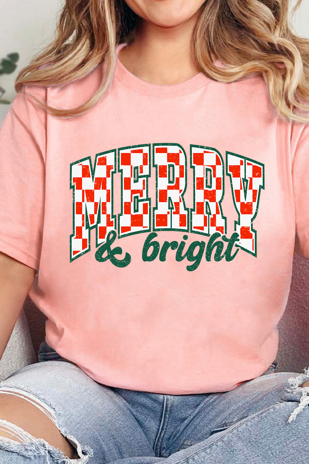 Pink MERRY & bright Checkered Letter Graphic Christmas Tee - loveforevers