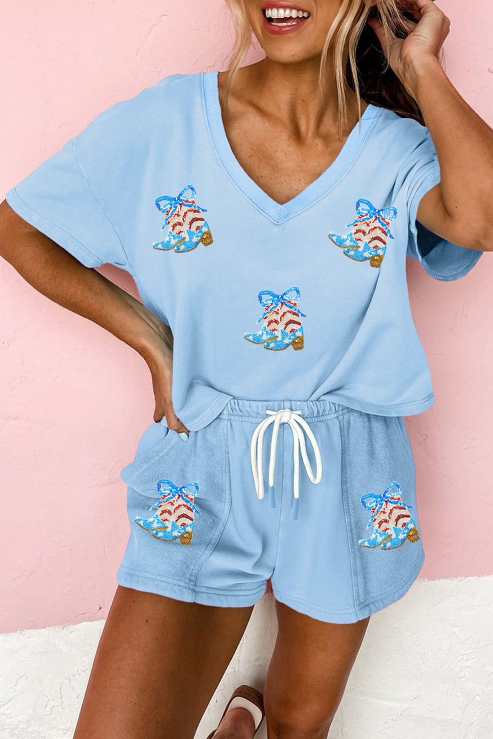 Myosotis Patriotic Sequin Boots Patched V Neck Tee Loose 2pcs Short Set - loveforevers