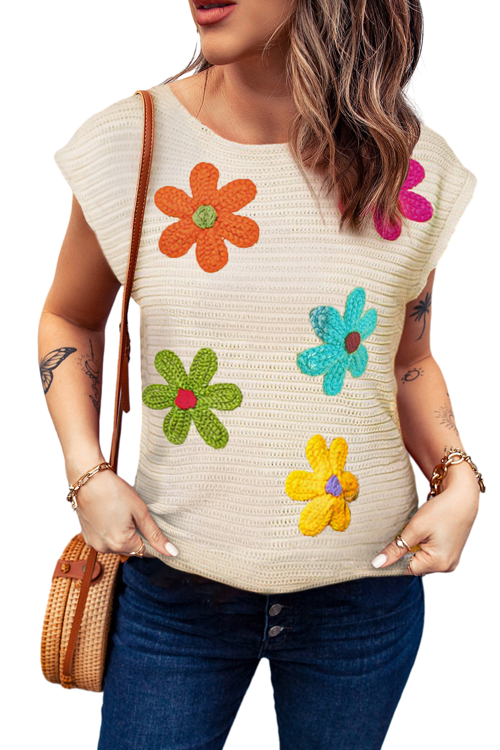 White Flower Crochet Round Neck Knitted Top - loveforevers