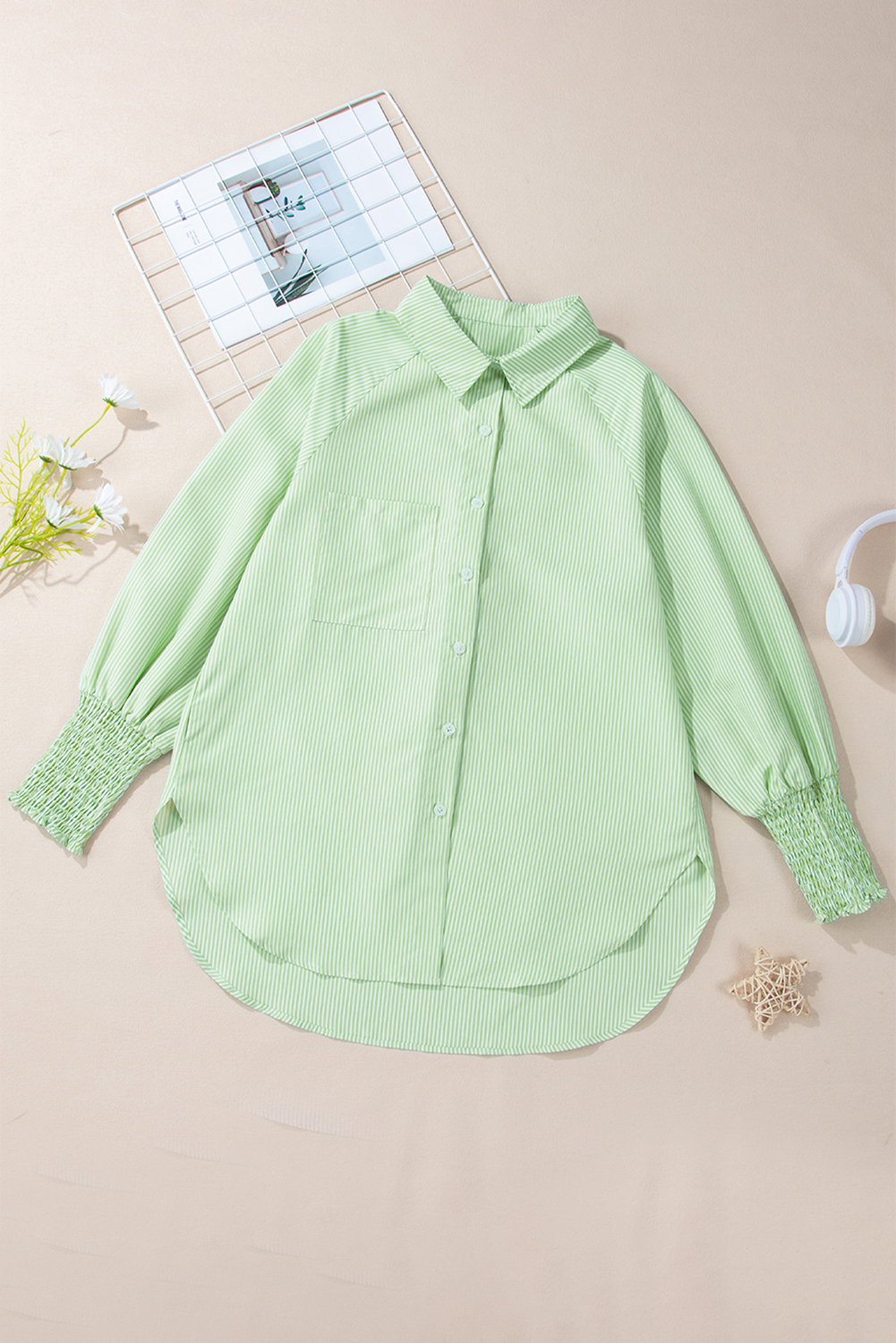Grass Green Striped Shirred Cuff Buttoned Loose Fit Shirt - loveforevers