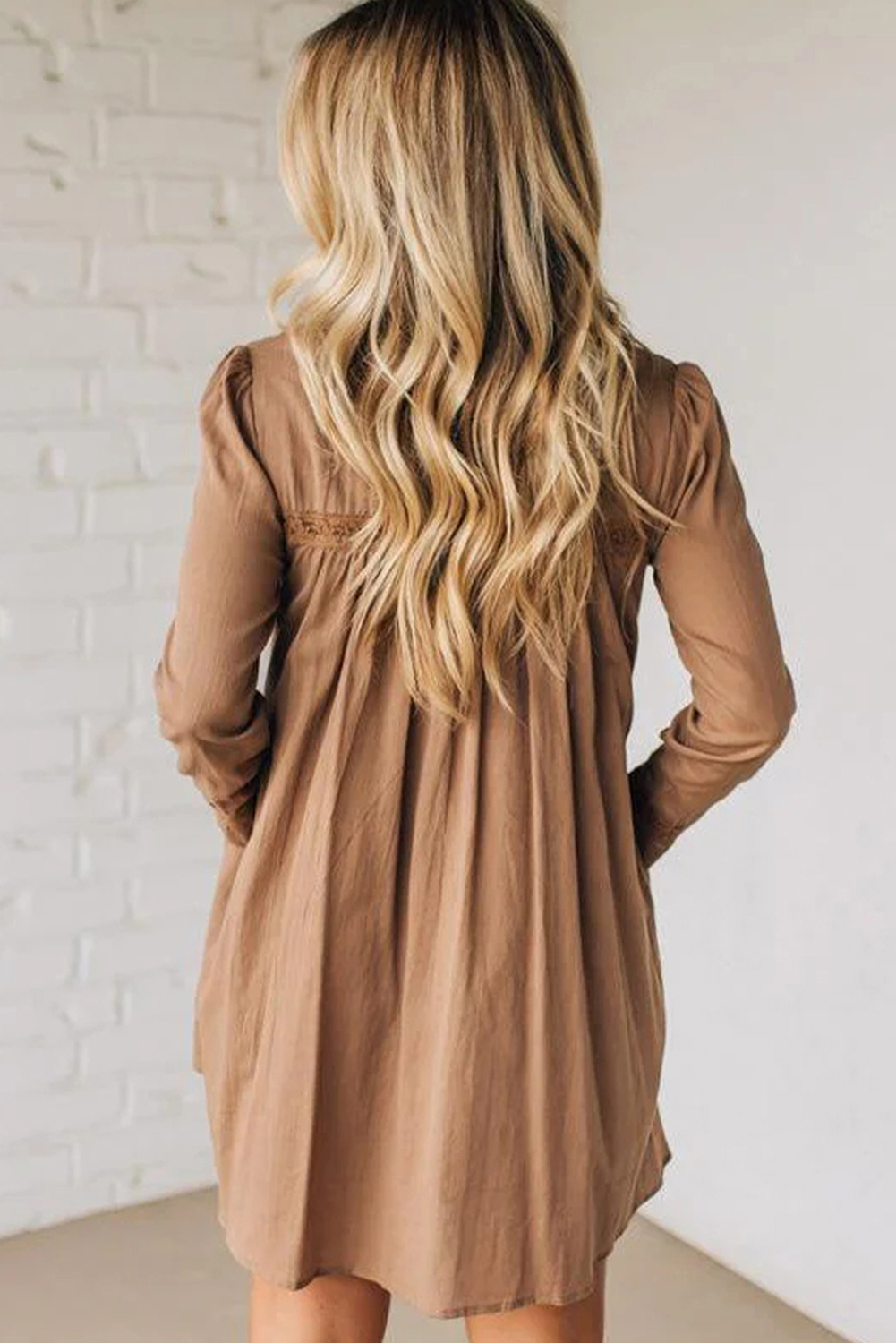 Straw Yellow Lace Trim Peter Pan Collar Long Sleeve Mini Shirt Dress - loveforevers