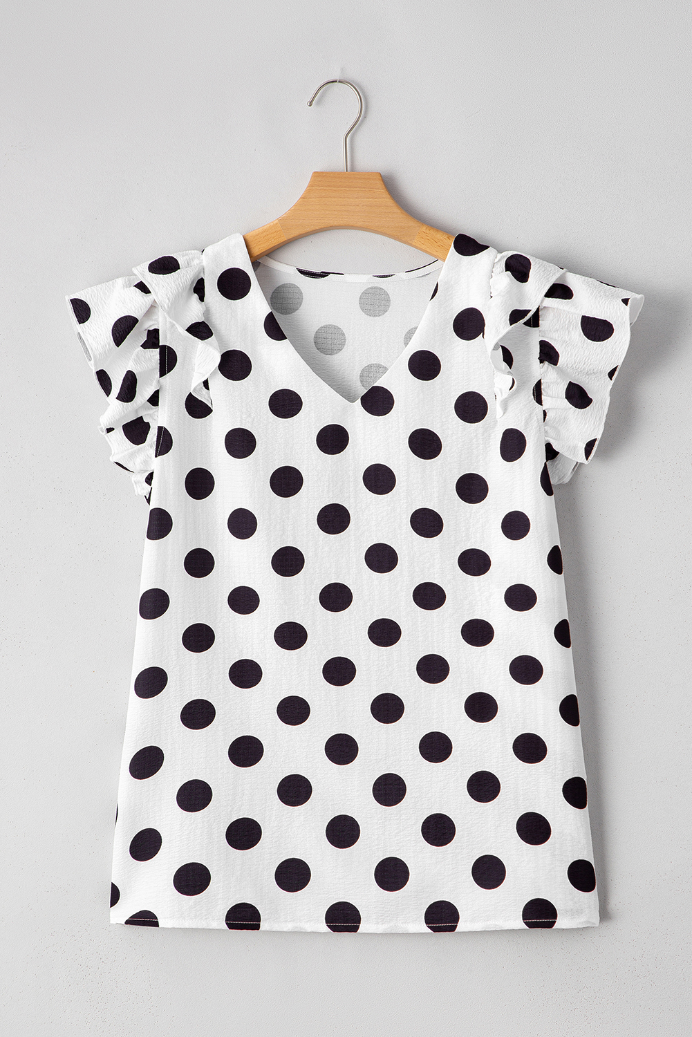 Black Polka Dot Print Ruffled Sleeve V Neck Blouse - loveforevers