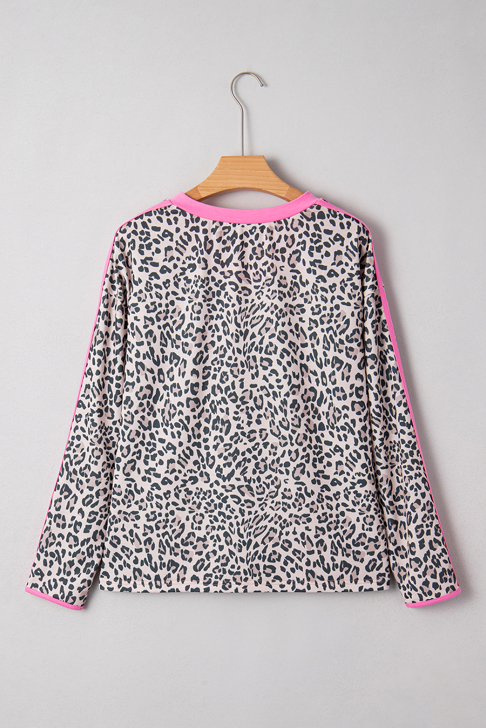 Khaki Leopard Print Contrast V Neck Varsity Stripe Detail Long Sleeve Top - loveforevers