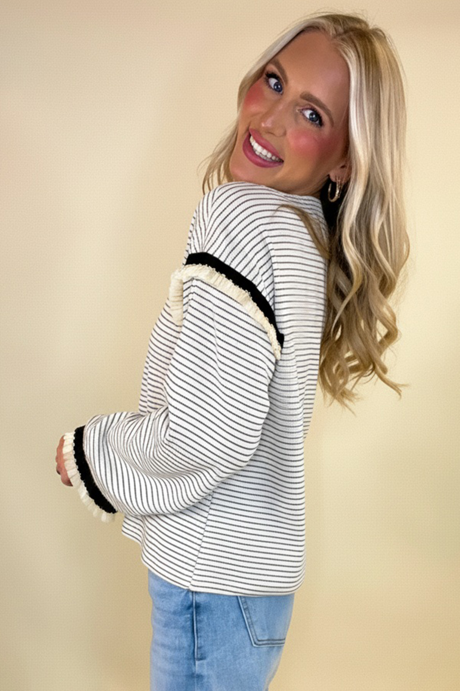 White Stripe Contrasted Ruffle Trim Loose Long Sleeve Top - loveforevers