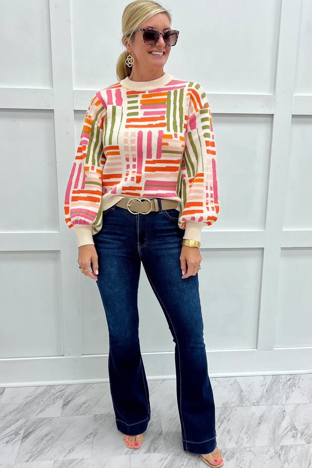 Rose Love Lines Pattern Crew Neck Puff Sleeve Sweater - loveforevers