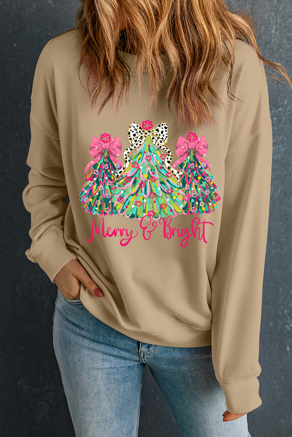 Khaki Merry & Bright Christmas Tree Print Pullover Sweatshirt - loveforevers