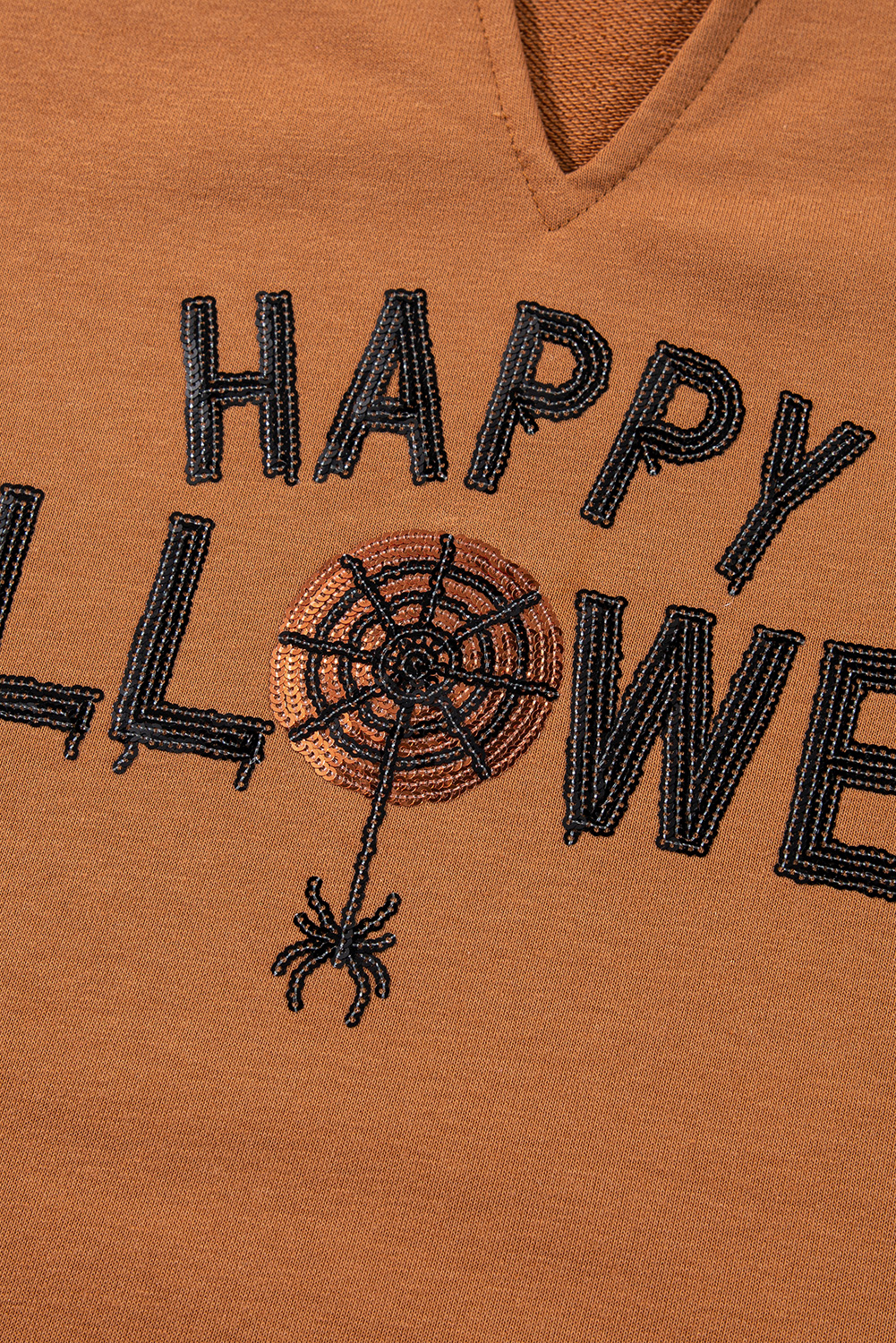 Medium Grey Sequin Happy Halloween Graphic Notched Neck Long Sleeve Loose Top - loveforevers