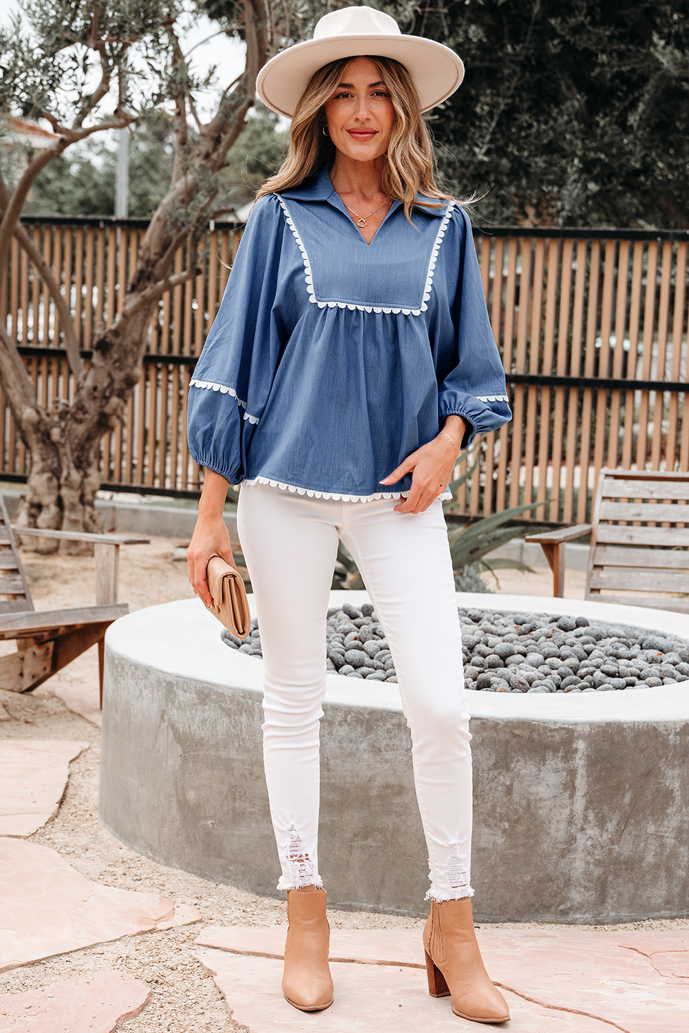 Dusk Blue Lace Ric Rac 3/4 Puff Sleeve Collared Babydoll Blouse - loveforevers