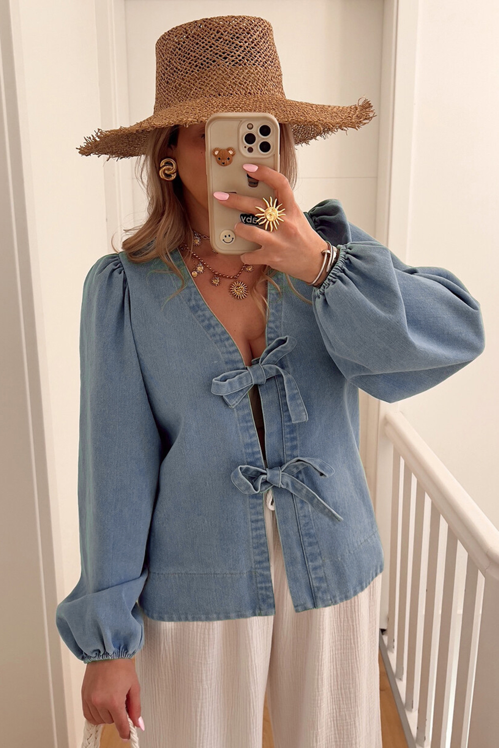 Dusk Blue Tied Front Long Puff Sleeve Denim Top - loveforevers