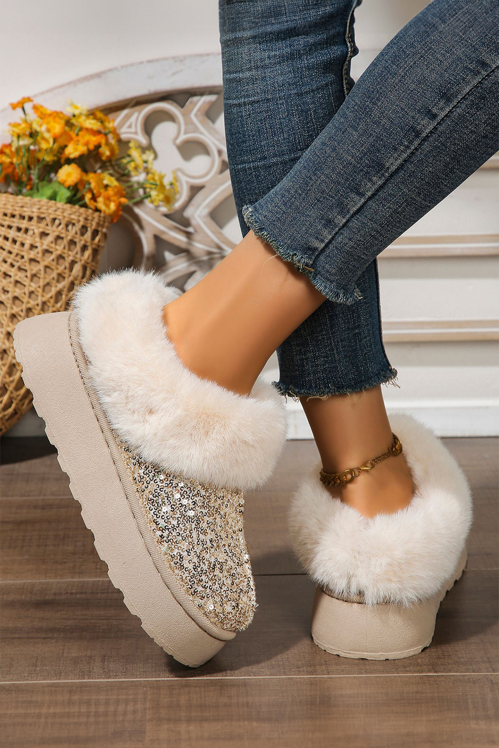 Gold Sequin Plush Lined Thick Sole Snow Boots - loveforevers