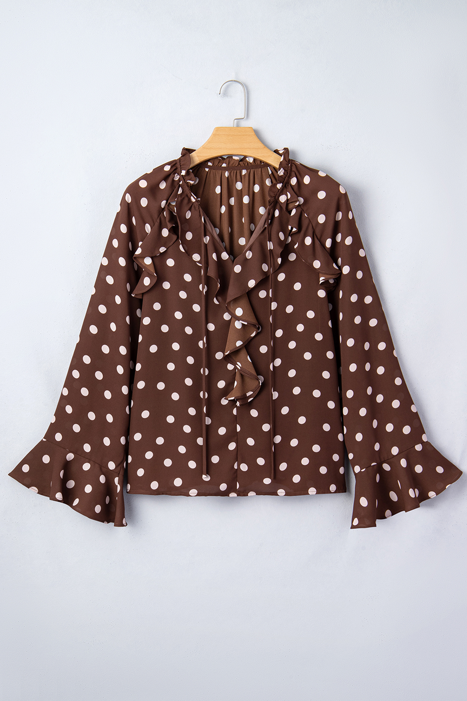 Coffee Polka Dot Print Ruffle Trim V Neck Long Bell Sleeve Blouse - loveforevers