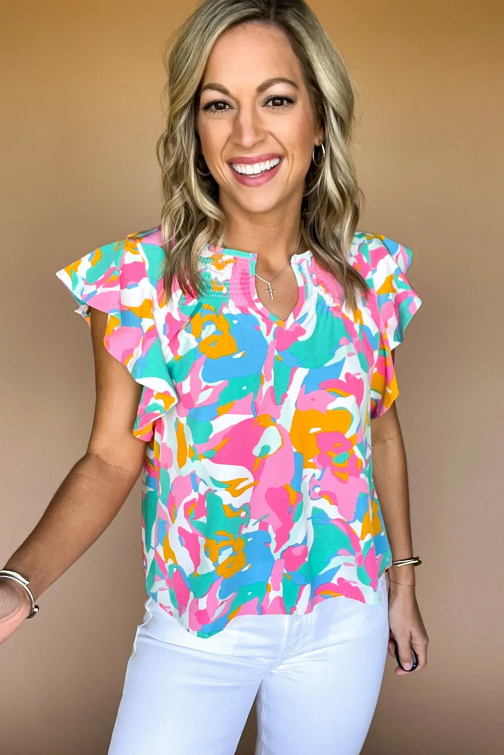 Multicolour Abstract Print Notched Neck Flutter Sleeve Blouse - loveforevers