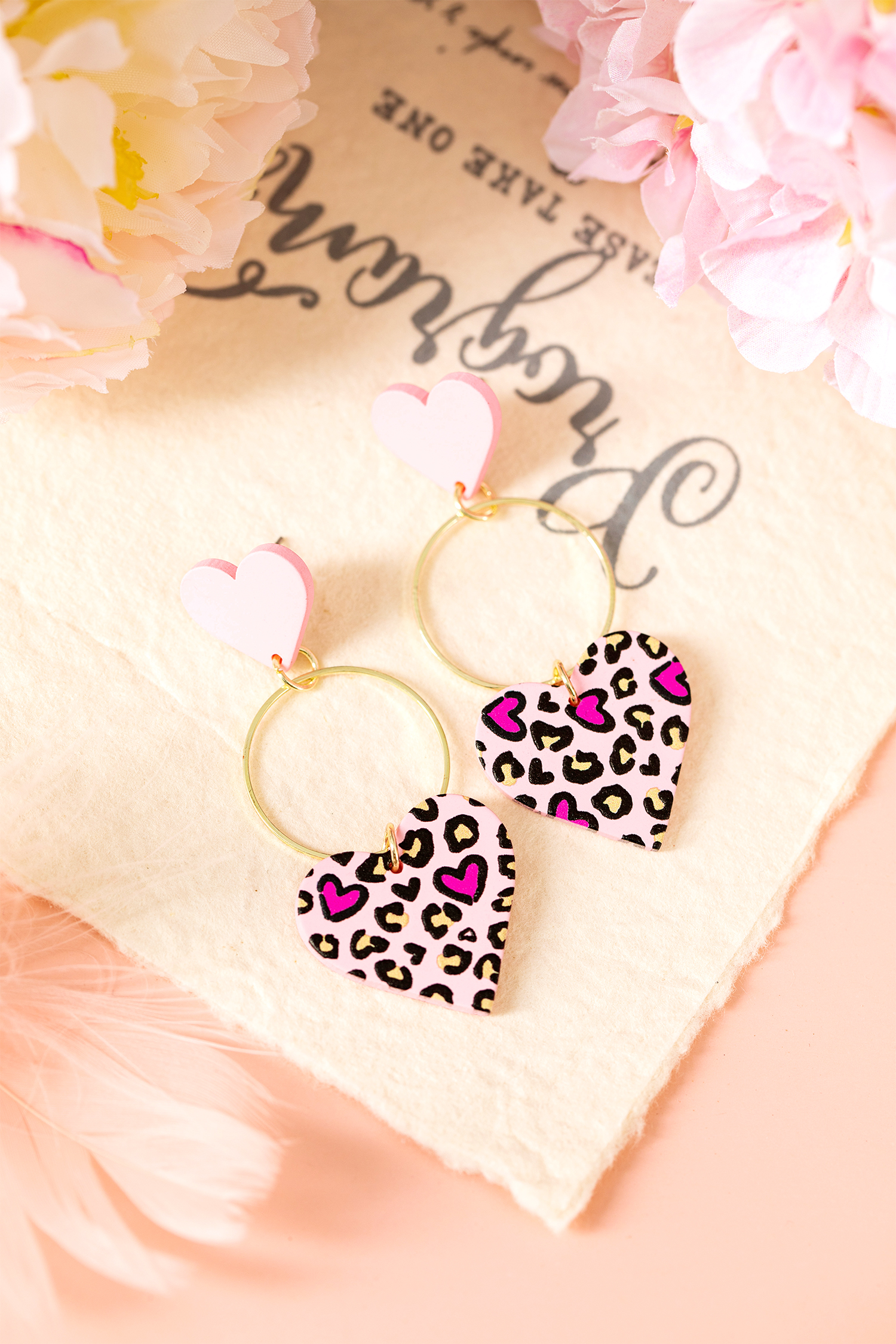 Pink Leopard Double Heart Golden Hoop Dangle Earrings - loveforevers
