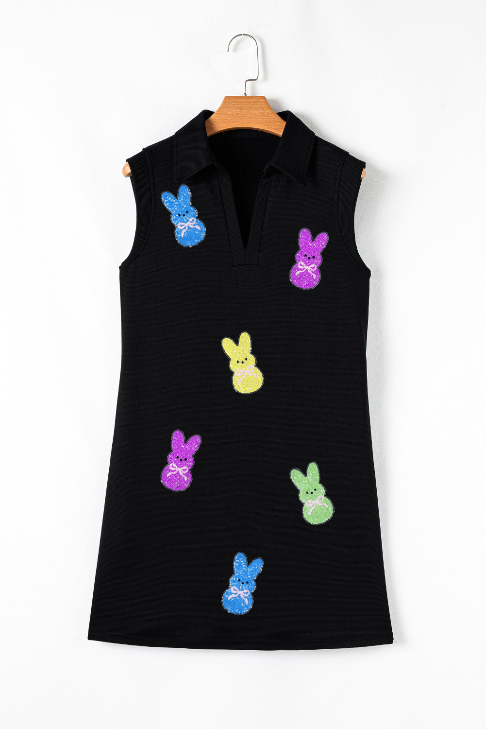 Black Sequin Bunny Doll Graphic Collared Sleeveless Mini Dress - loveforevers