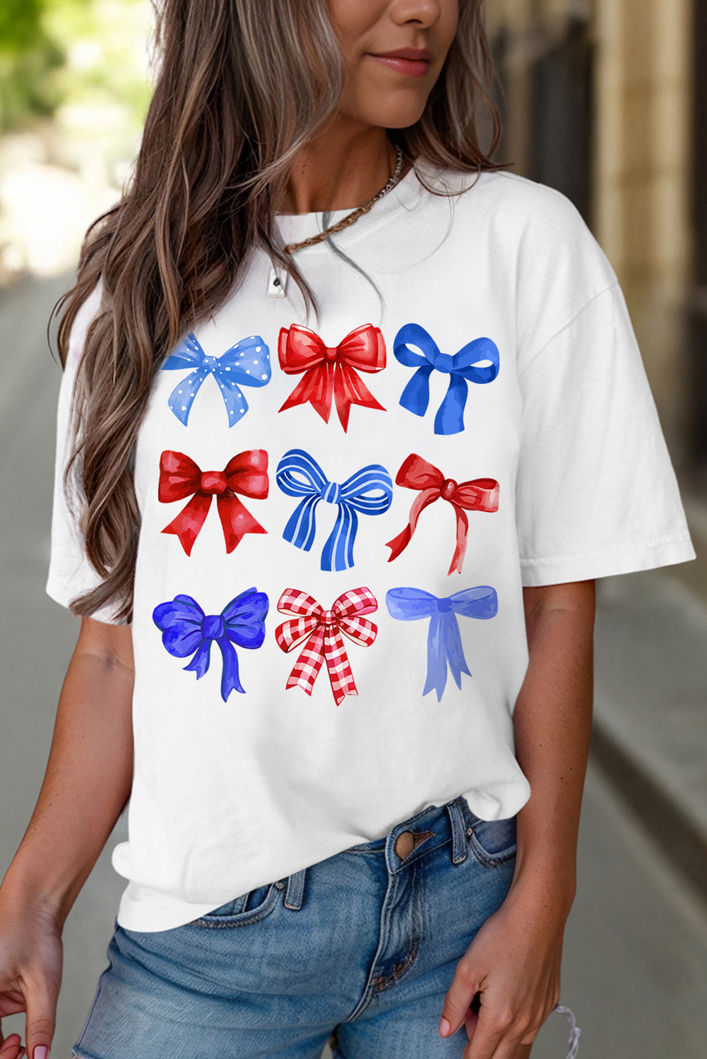 White USA Inspire Bow Print Crewneck Independence Day Tee - loveforevers