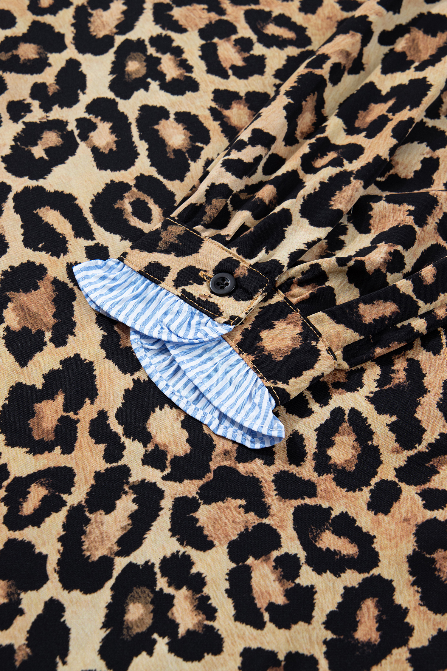 Brown Wild Leopard Print Contrast Striped Frilled Trim Chic Shirt - loveforevers