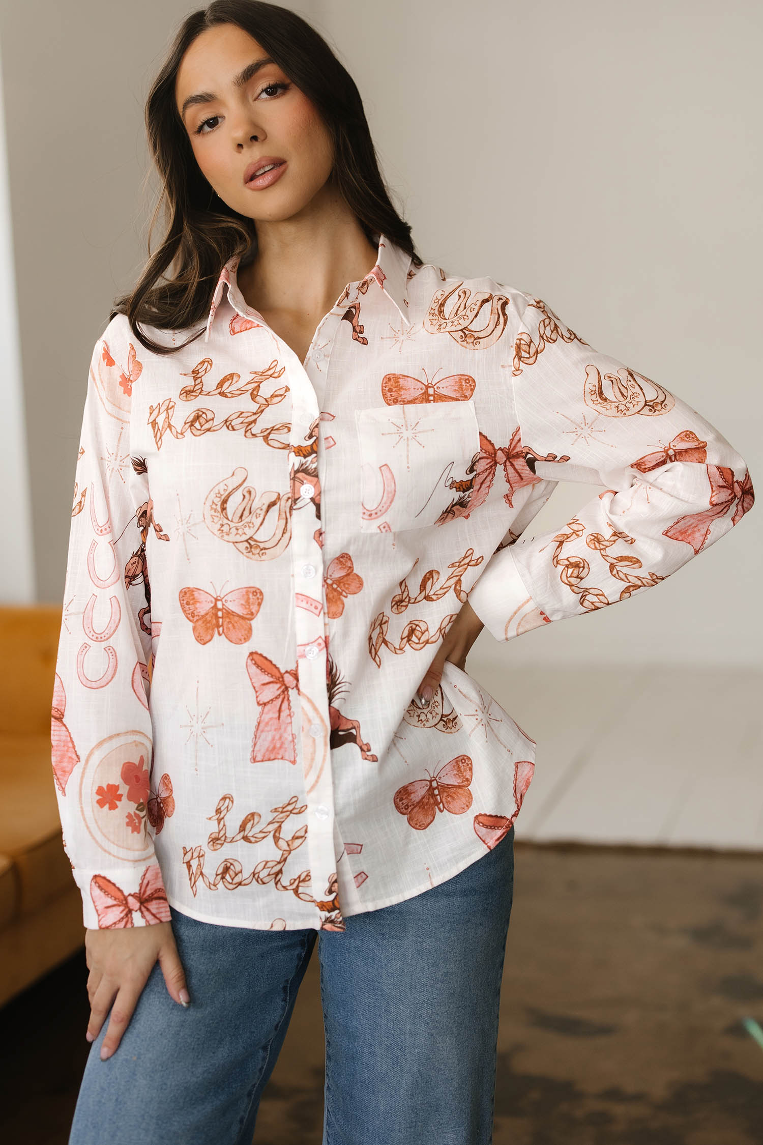 White Rodeo Cowgirl Print Western Button up Shirt - loveforevers