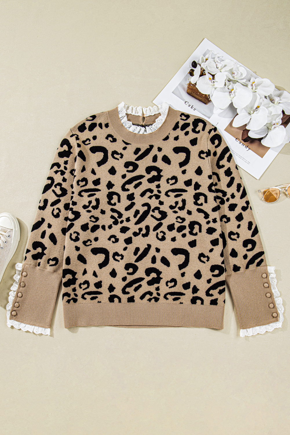 Dearlovers Brown Leopard Pattern Lace Ribbed Detail Button Cuffed Sweater - loveforevers