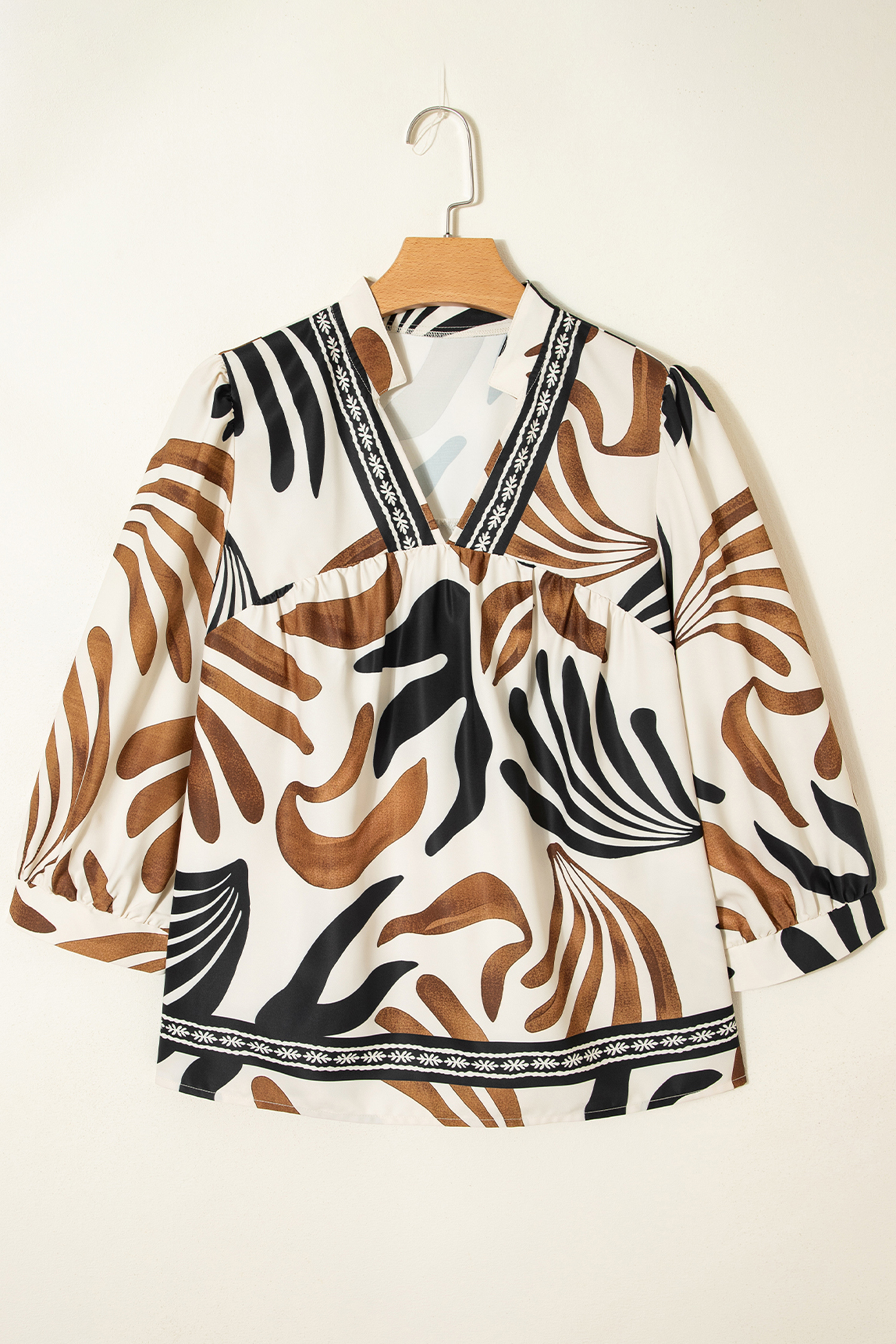 Brown Abstract Print Puff Sleeve Loose Blouse - loveforevers