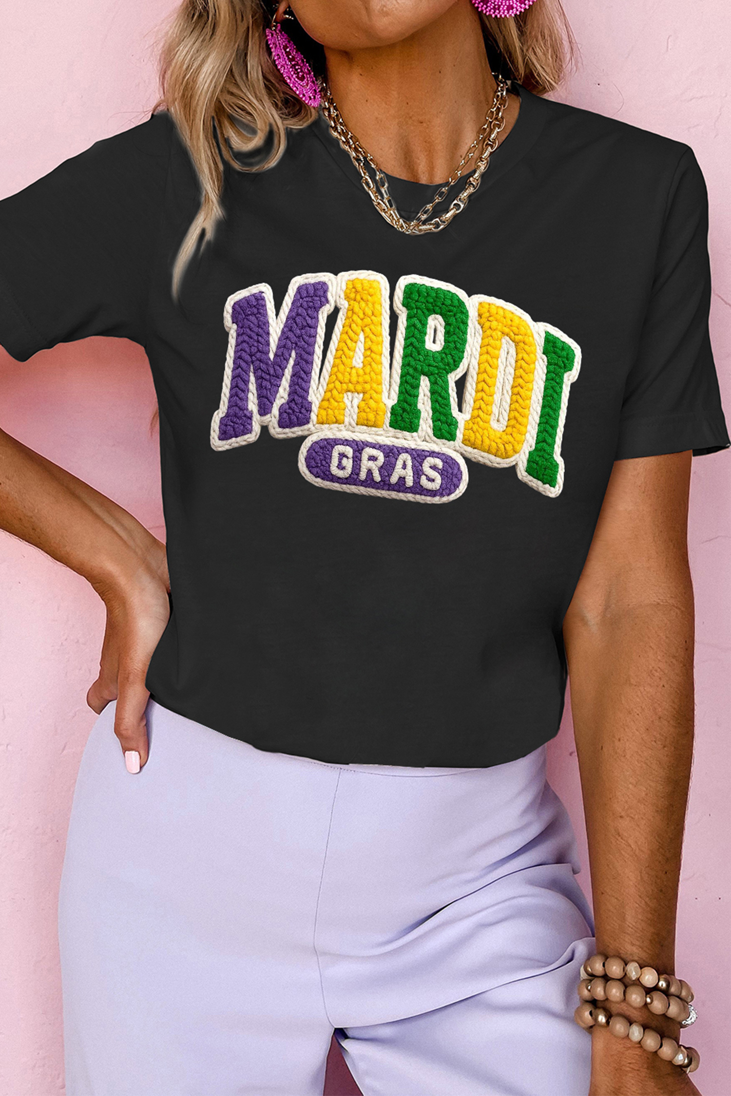 Black MARDI GRAS Faux Yarn Letter Graphic T Shirt - loveforevers