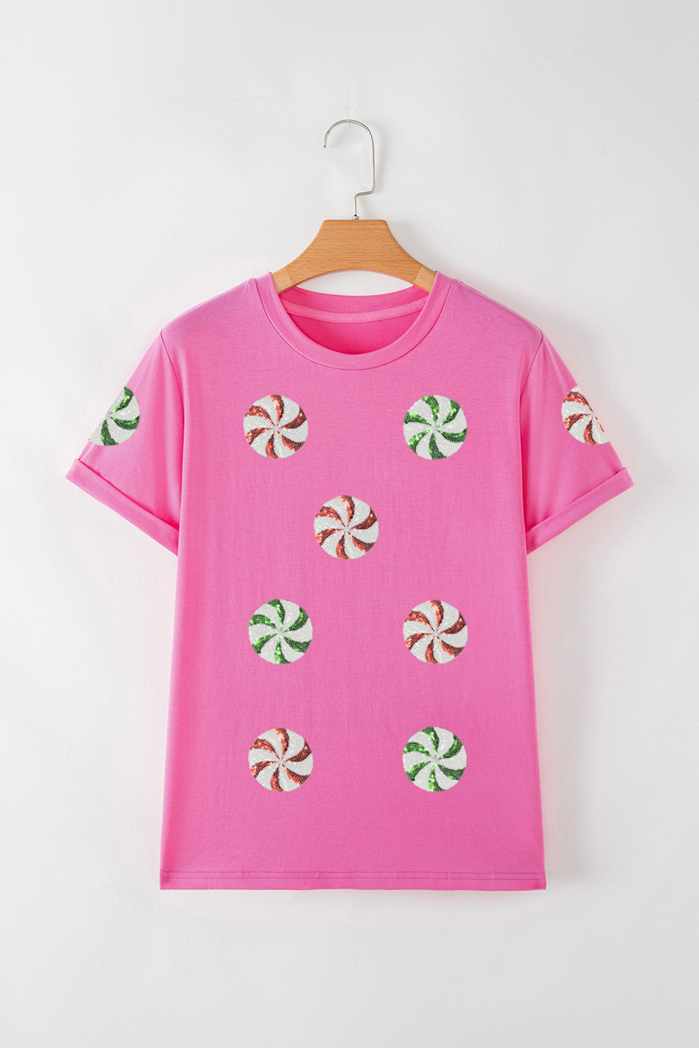 Sachet Pink Sequined Peppermint Pattern Christmas Custom T Shirt - loveforevers