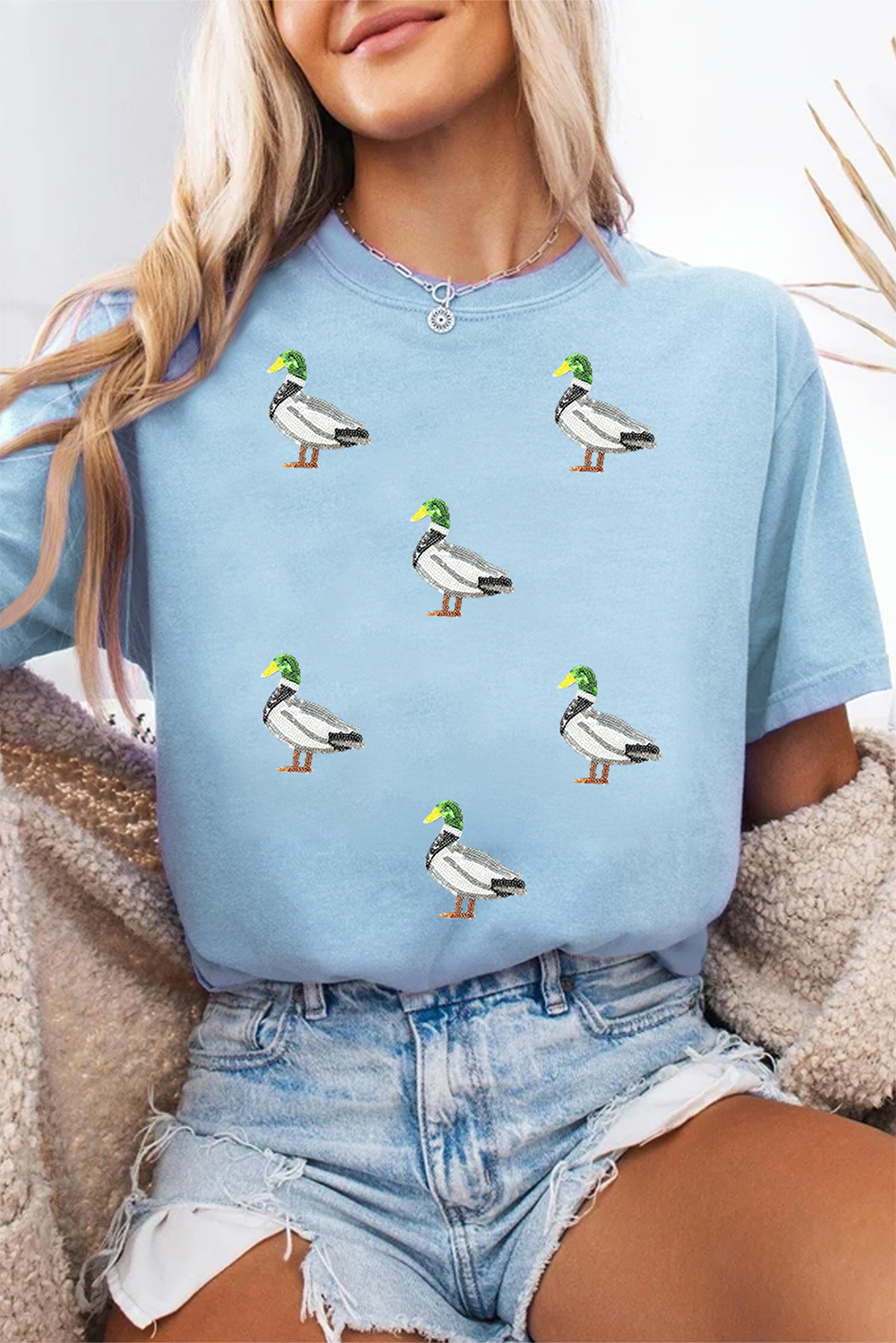 Light Blue Sequin Mallard Graphic Womens Casual Tee - loveforevers