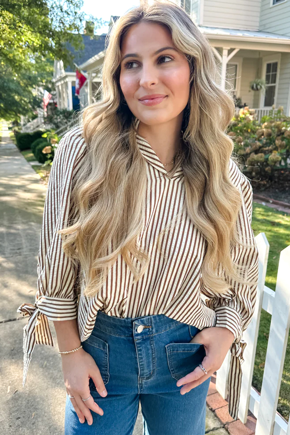 Straw Yellow Striped Print Tied Cuffs Split Neck Seersucker Blouse - loveforevers