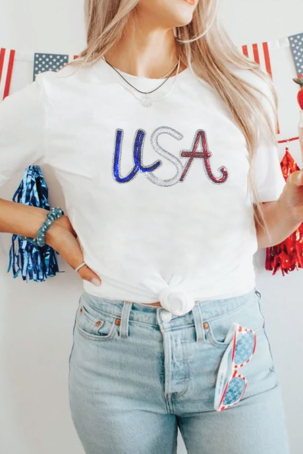 White Sequin USA Graphic Crew Neck Patriotic Tee - loveforevers
