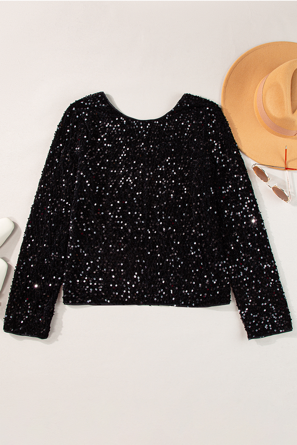 Black Sequin Long Sleeve Cutout Back Top - loveforevers