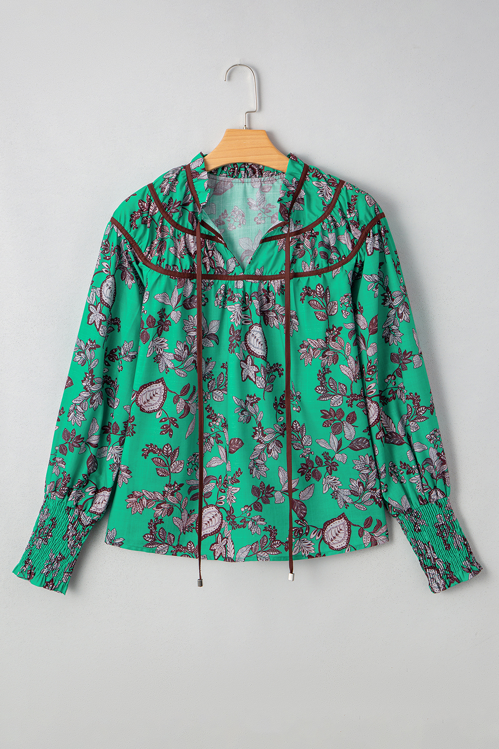 Green Leaves Print Contrast Trim V Neck Shirred Puff Sleeve Blouse - loveforevers