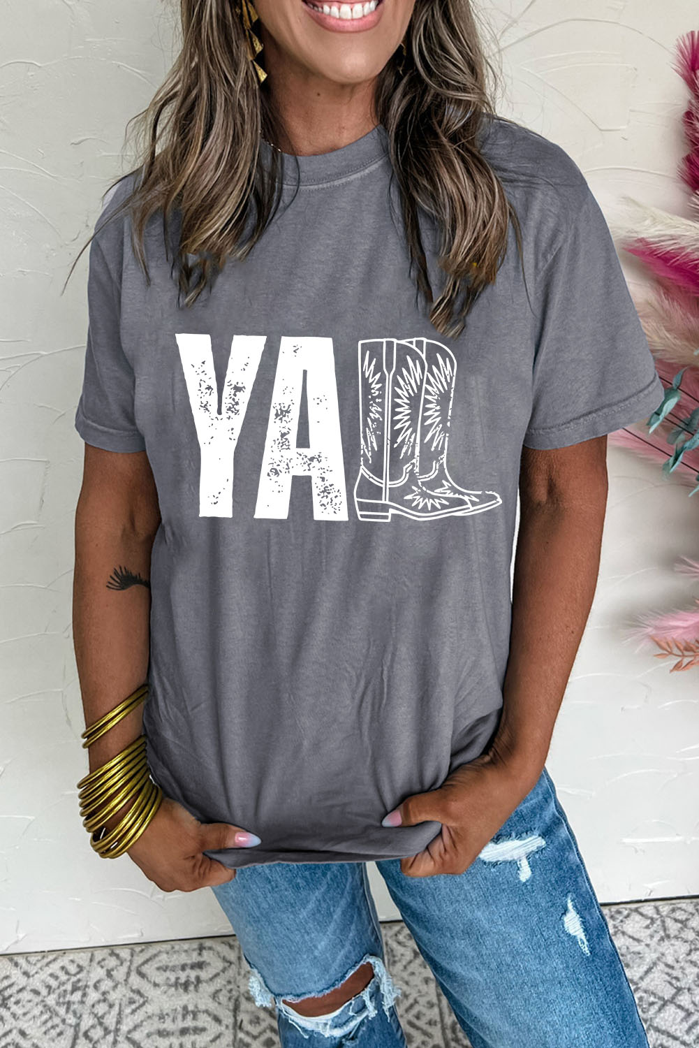 Gray YALL Western Boots Printed Tee - loveforevers