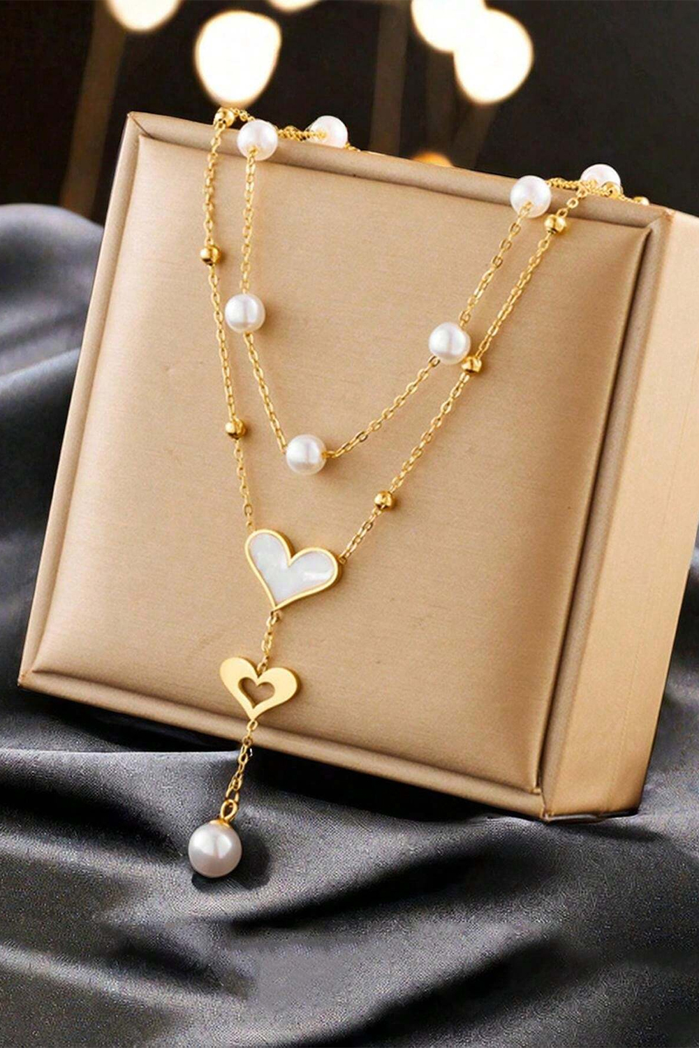 Gold Heart Pearl Double Layer Adjustable Chain Necklace - loveforevers