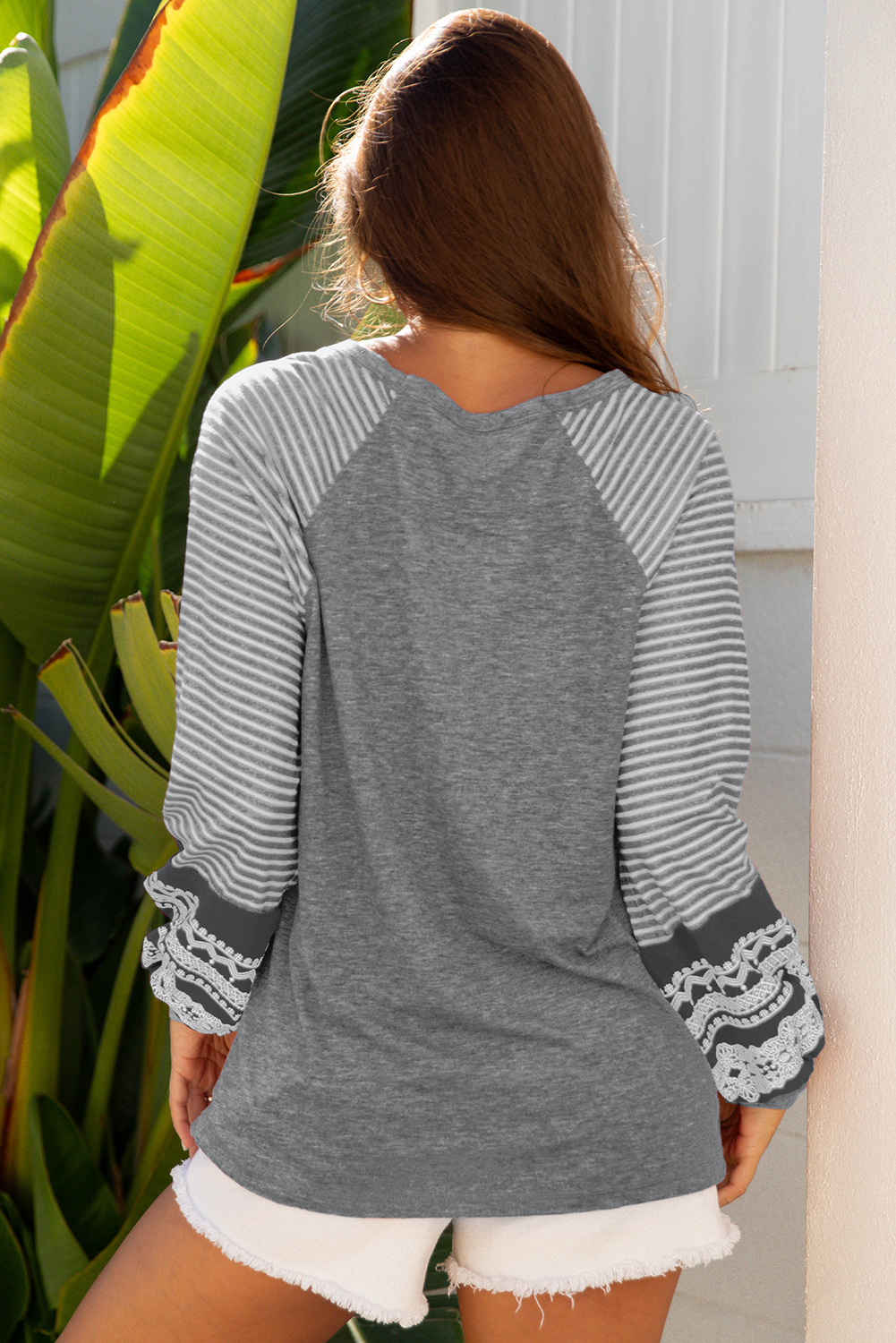 Tillandsia Purple Contrast Print Striped Raglan Long Sleeve Loose Top - loveforevers