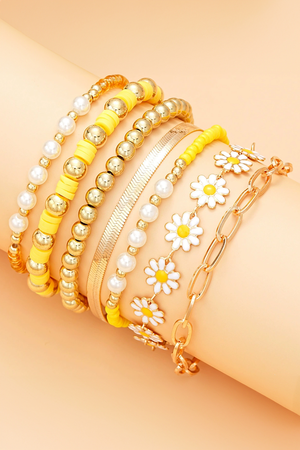 Gold Daisy Beaded Chain Adjustable Multi Layer Bracelet Set - loveforevers