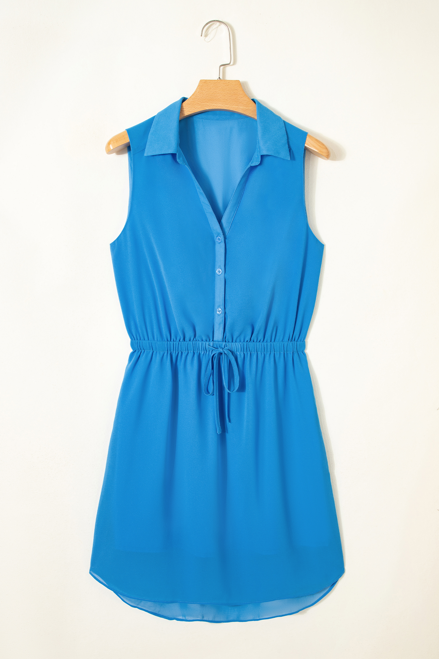 Blue Half Buttons Collared Elastic Waist Sleeveless Shirt Dress - loveforevers