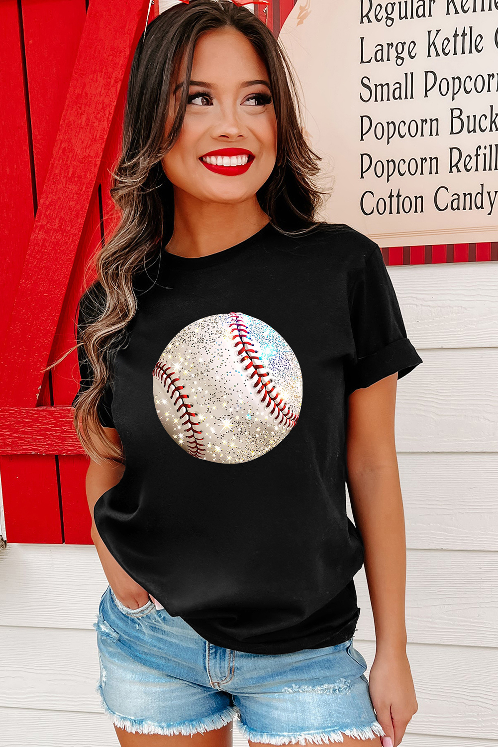 Black Heat Transfer Baseball Print Cotton Blend T Shirt - loveforevers