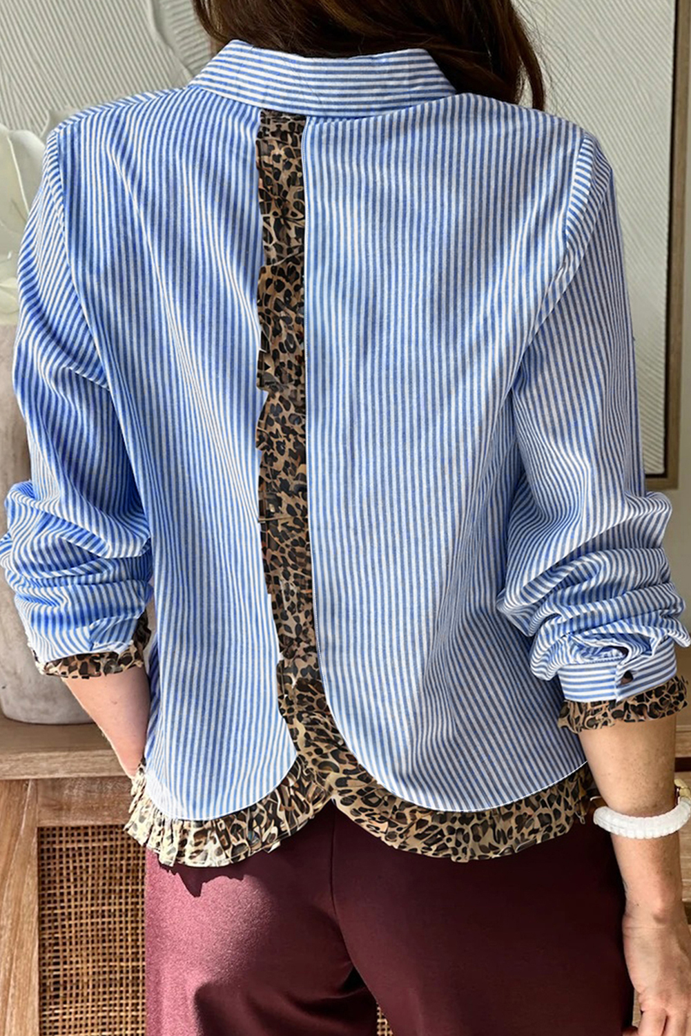 Sky Blue Stripe Contrast Frilled Leopard Trim Casual Long Sleeve Shirt - loveforevers