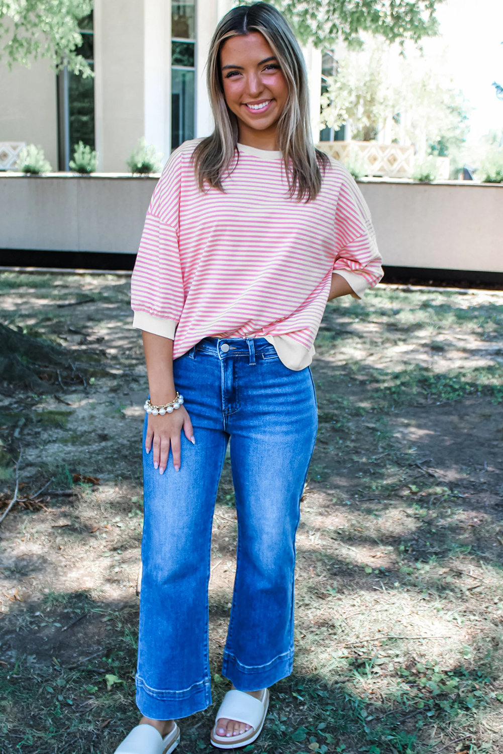 Pink Striped 3/4 Sleeve Drop Shoulder Top - loveforevers