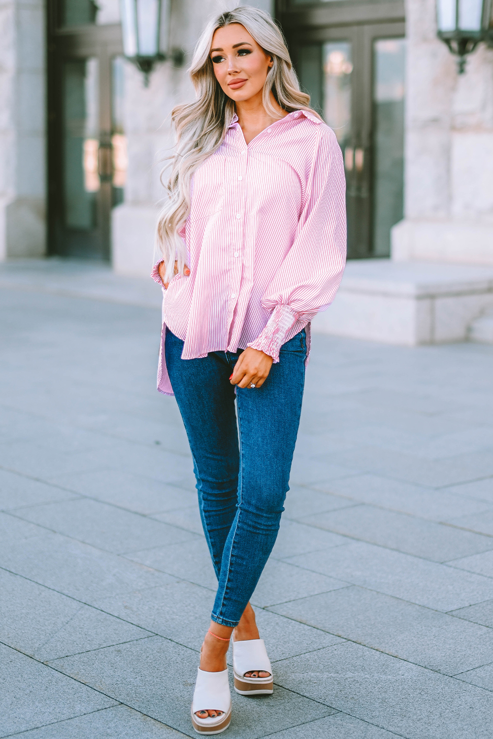 Red Stripe Smocked Cuffed Striped Boyfriend Shirt with Pocket - loveforevers