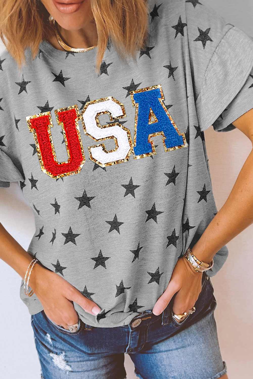 Gray USA Letter Patched Star Printed Ruffle Trim Sleeves Loose Tee - loveforevers