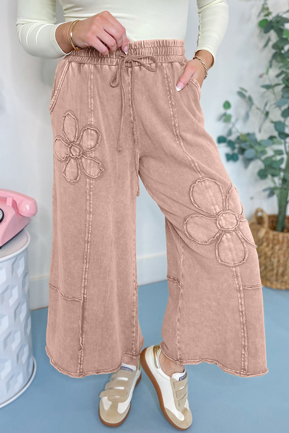 Light Grey Flower Patch Mineral Washed Terry Knit Cropped Wide Leg Pants - loveforevers