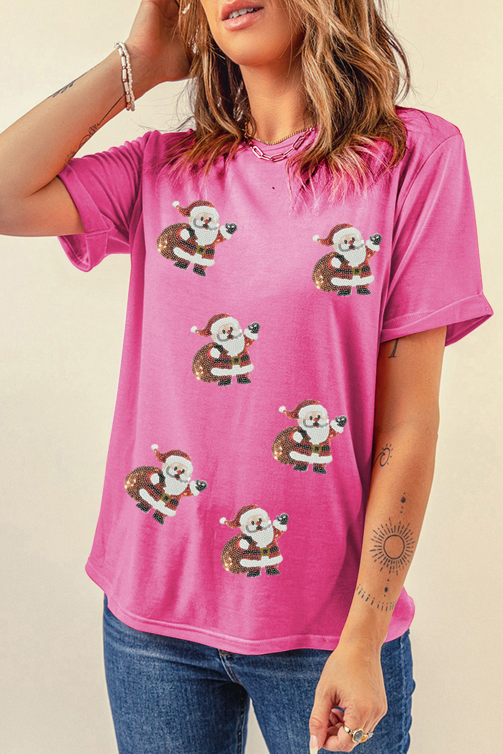 Sachet Pink Santa Claus Deliver Gifts Sequin Graphic Tee - loveforevers