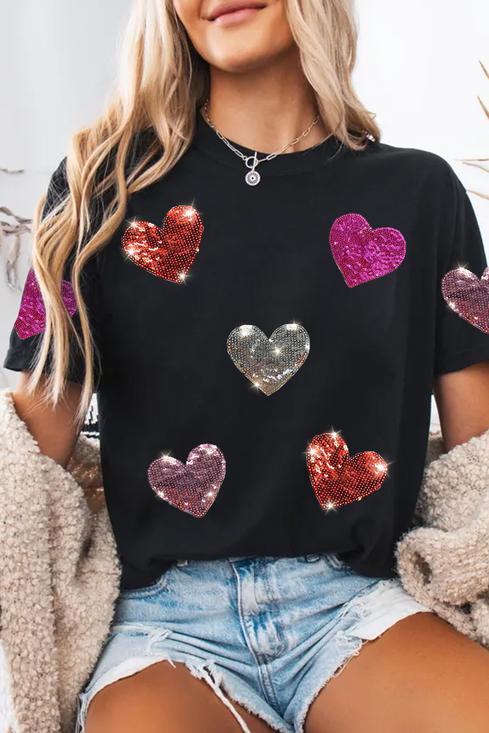 Black Sequin Heart Patched Pattern Crewneck Valentines Tee - loveforevers