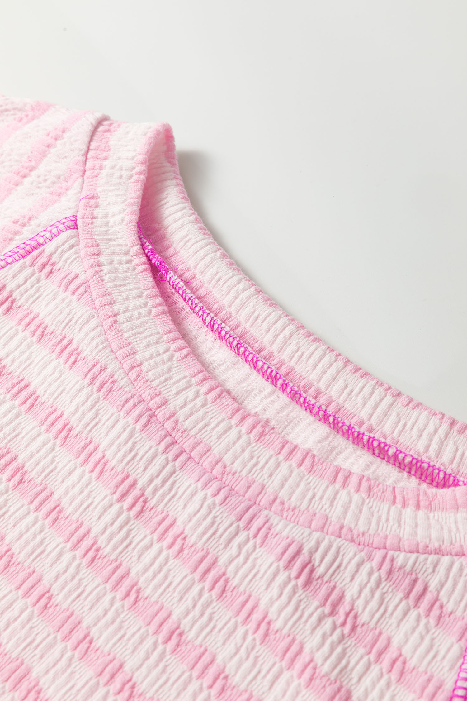 Pink Stripe Textured Knit Split Hem Half Sleeve Loose Top - loveforevers