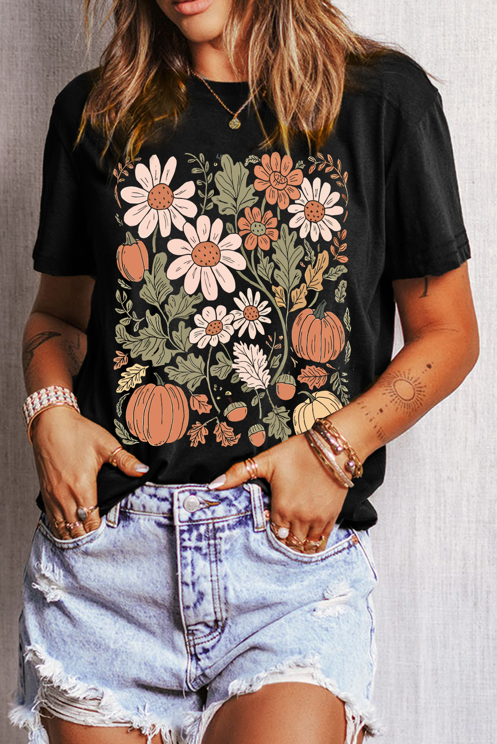 Black Wild Flower Pumpkin Print T Shirt - loveforevers