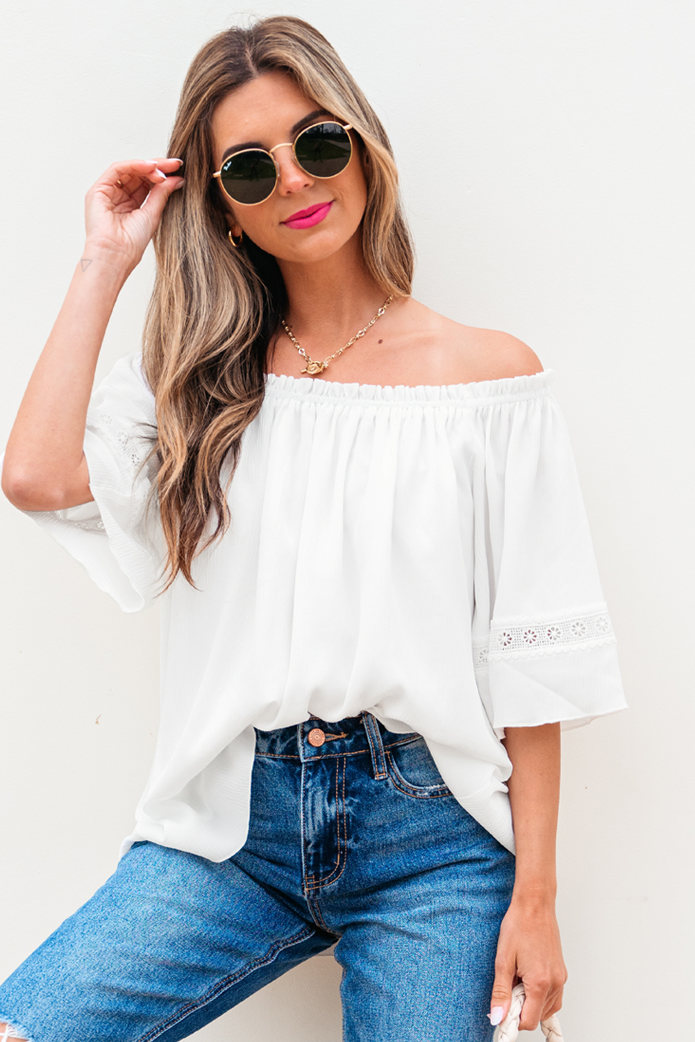 White Frilly Off Shoulder Lace Insert Sleeve Textured Blouse - loveforevers