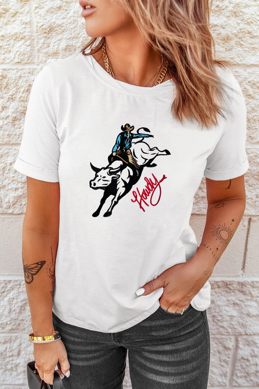 White Cowboy Howdy Embroidered Western Fashion T Shirt - loveforevers