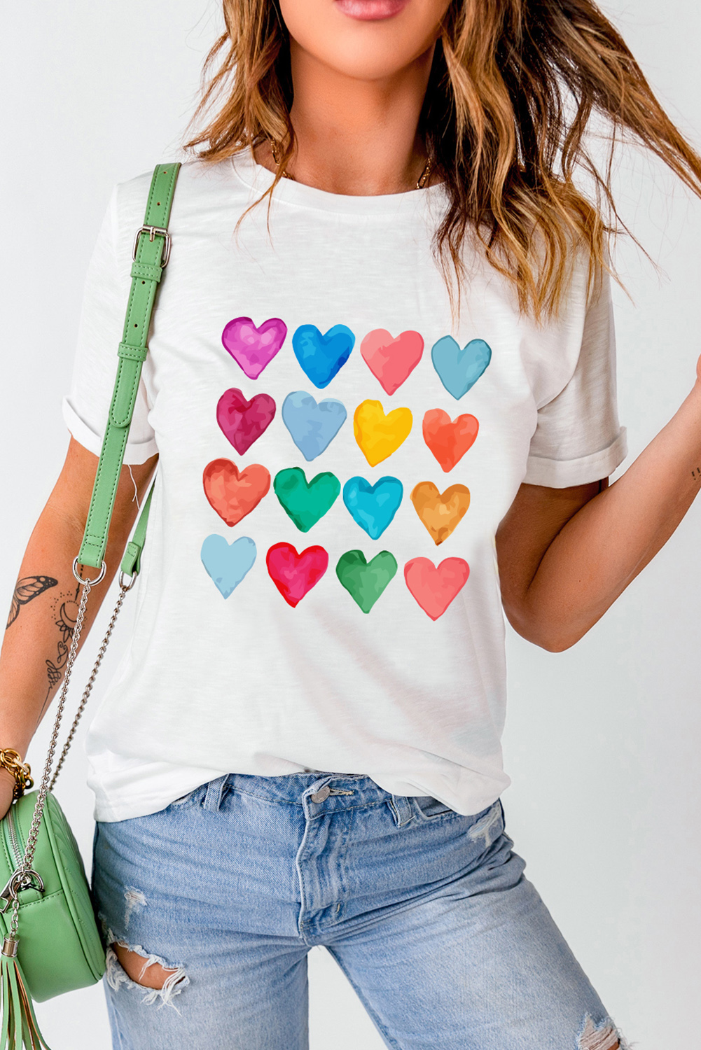 Red Leopard Striped Heart Shaped Print Crew Neck T Shirt - loveforevers